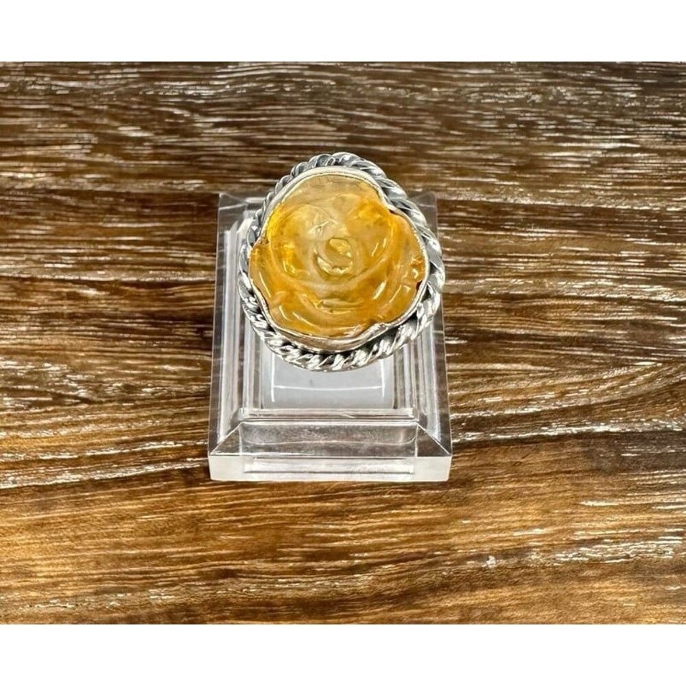 Hand Carved Resin Yellow Rose/Flower Sterling Silver Ring Sz 5.75